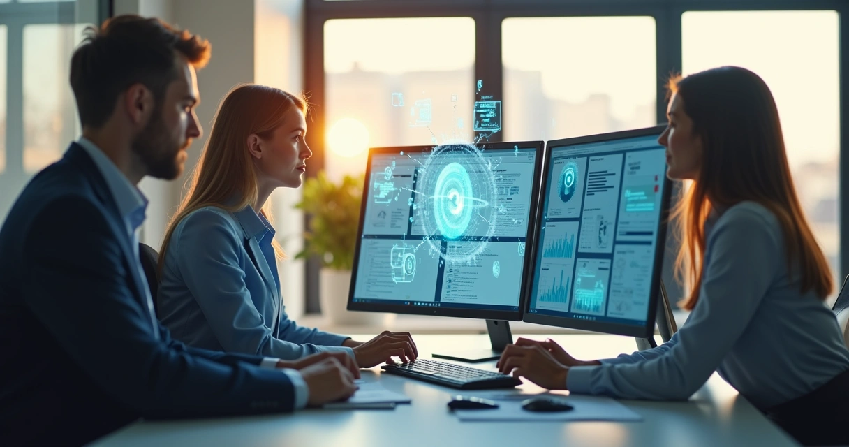 Equipe imobiliária trabalhando lado a lado com automação digital