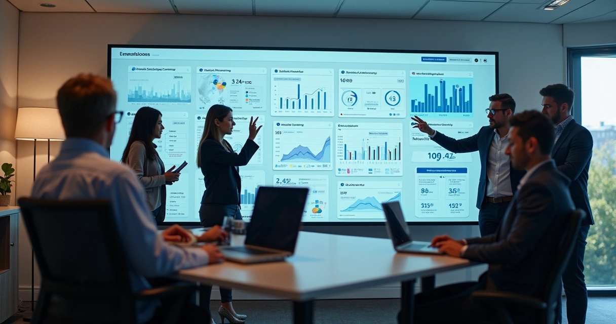 Equipe imobiliária discutindo painéis digitais com fluxos automatizados de vendas 