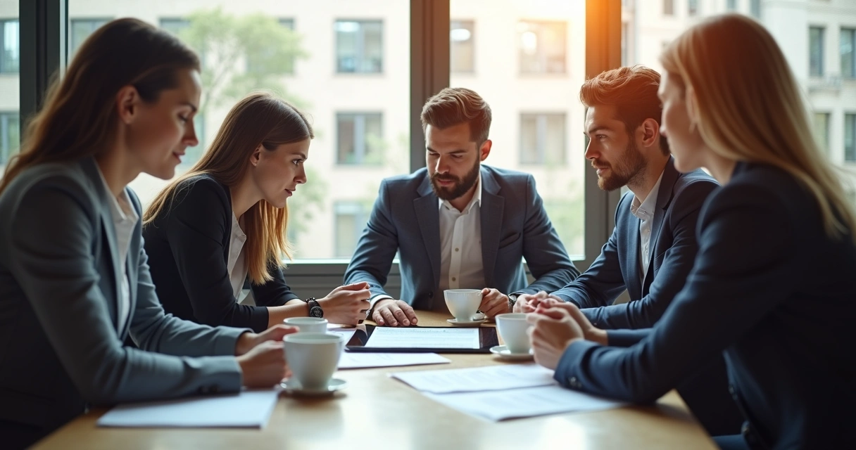 Equipe de administração imobiliária analisando contrato digital juntos ao redor de mesa 