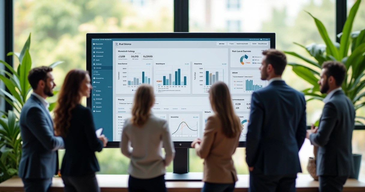 Equipe de corretores de imóveis reunida analisando dados em tela de CRM 
