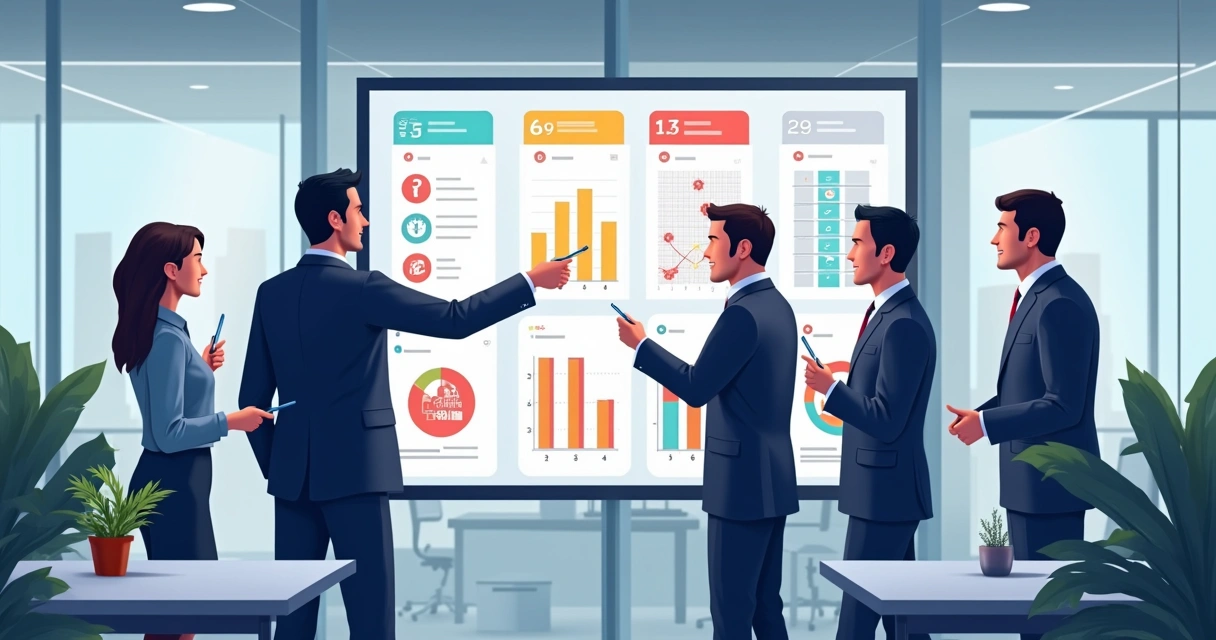 Equipe de corretores acessando sistema CRM em escritório imobiliário 