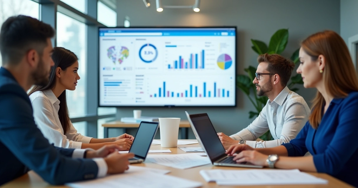 Equipe comercial do setor imobiliário analisando dados de IA