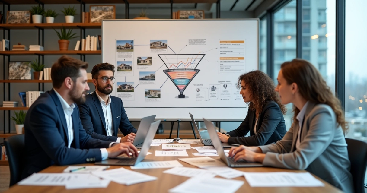 Equipe imobiliária analisando estratégias de vendas em reunião 