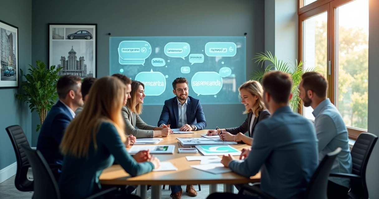 Equipe imobiliária reunida com gráficos e mensagens digitais ao fundo 