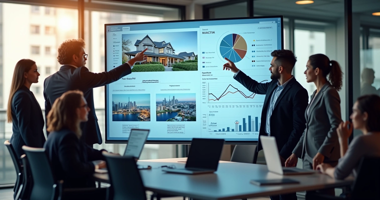 Equipe de imobiliária analisando dados em tela grande
