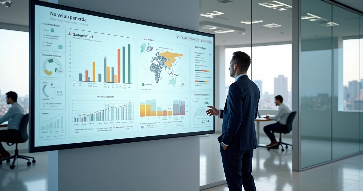 Gestor de imobiliária analisando painel de desempenho de corretores em tela ampla 