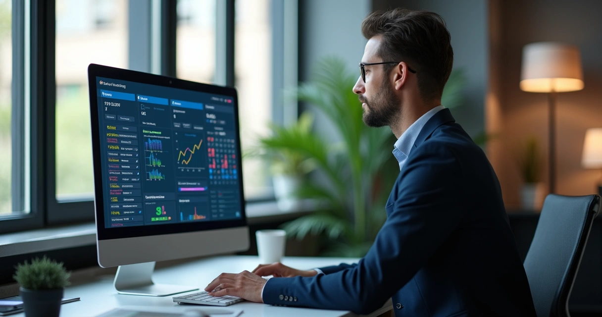 Analista imobiliário com tela de IA mostrando risco de locação comercial