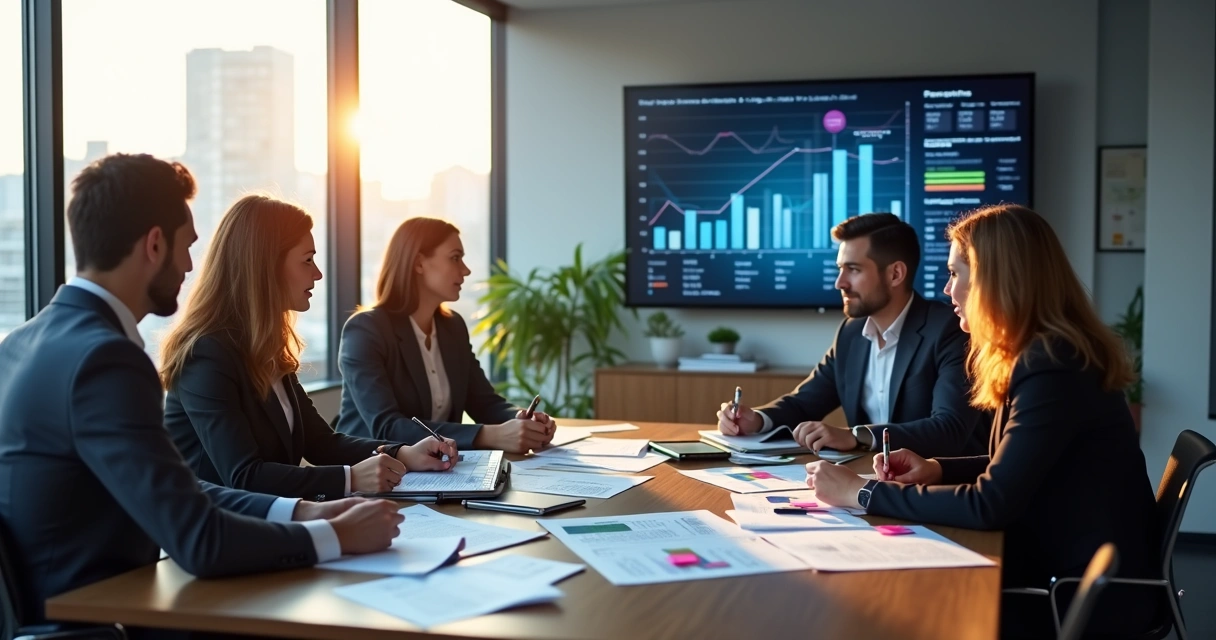 Equipe de vendas imobiliária reunida em sala estratégica com gráficos de tendência de fundo 