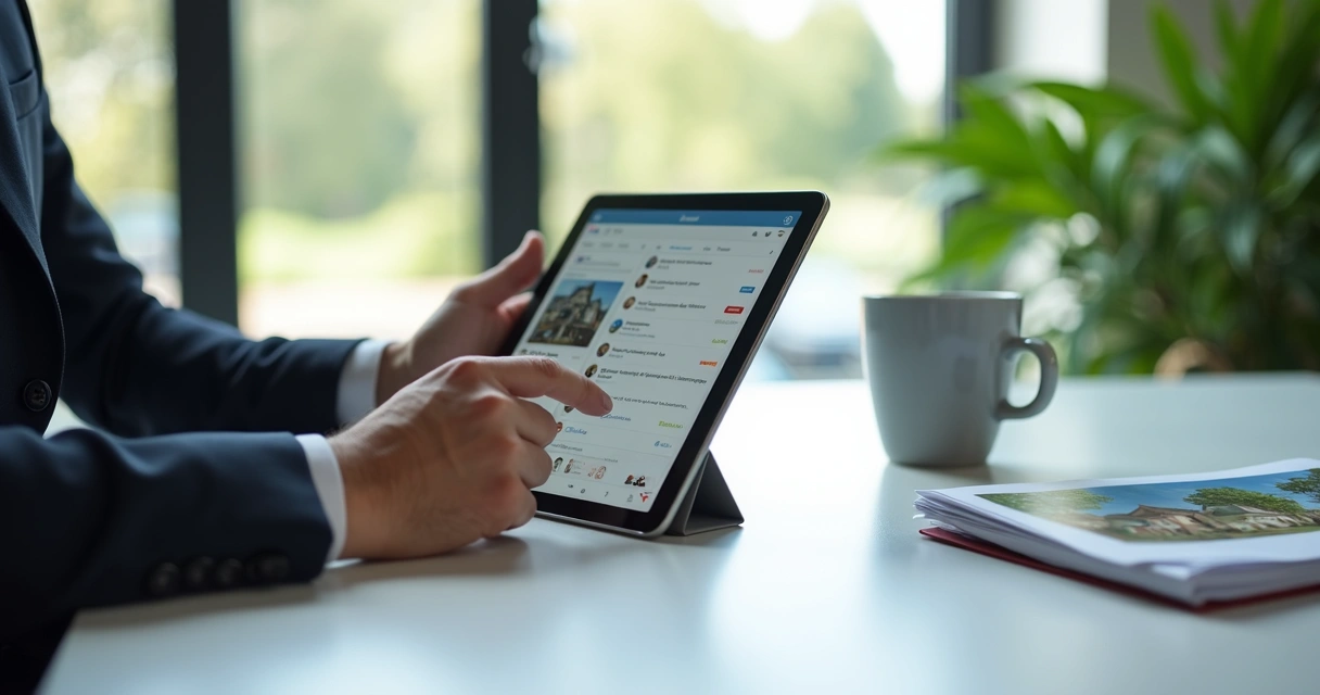 Corretor imobiliário usando redes sociais em tablet 