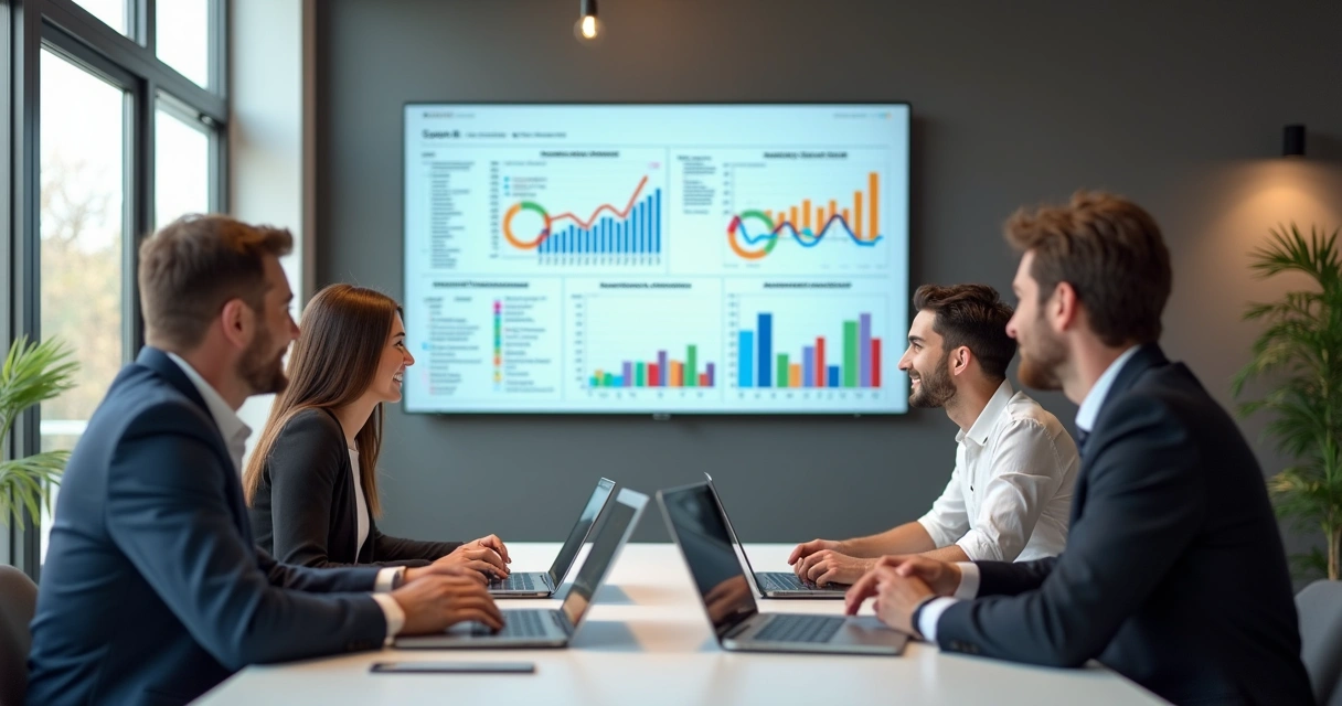 Equipe de imobiliária em reunião analisando dados em telas