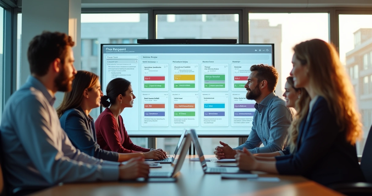 Equipe imobiliária analisando quadro kanban em painel digital 