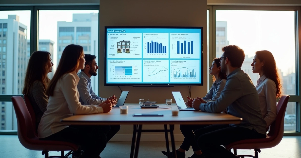 Equipe imobiliária reunida analisando dados em painel digital 