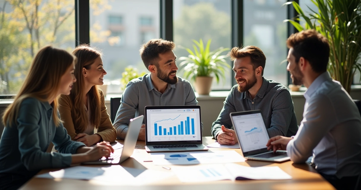 Equipe imobiliária reunida em escritório, analisando gráficos de vendas 