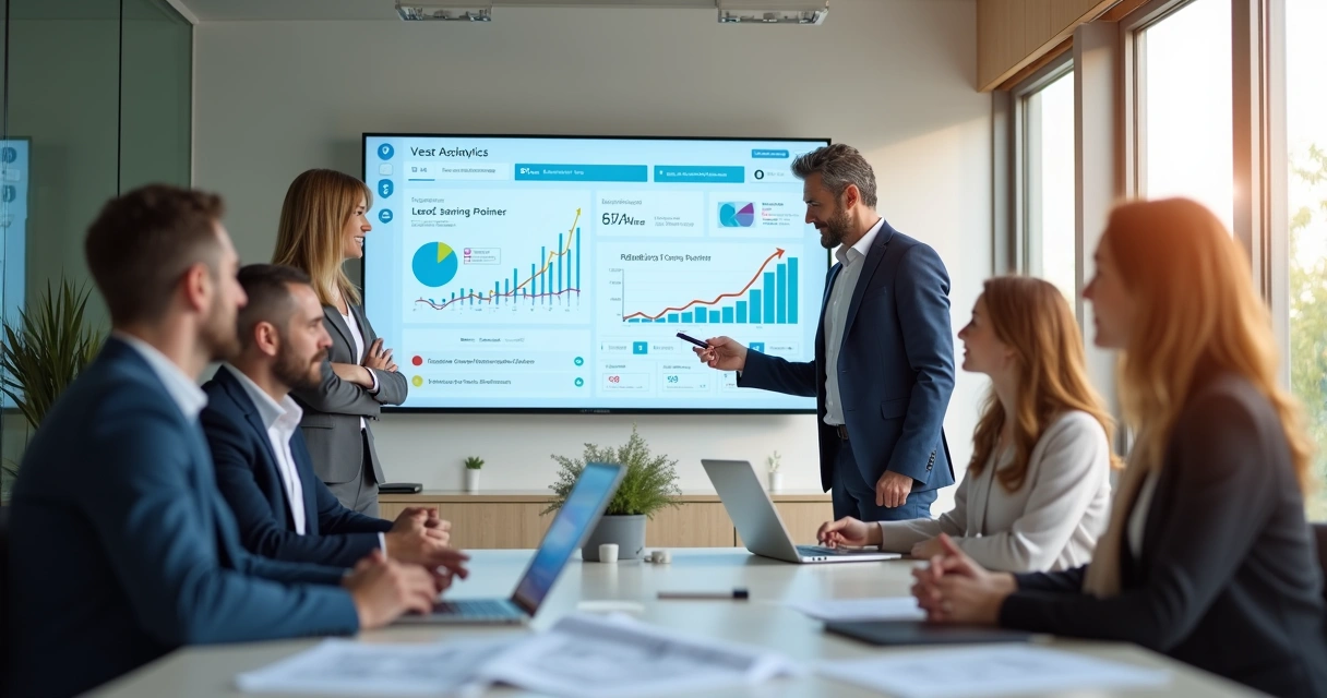 Equipe comercial imobiliária reunida em torno de tela com painel de IA e CRM 