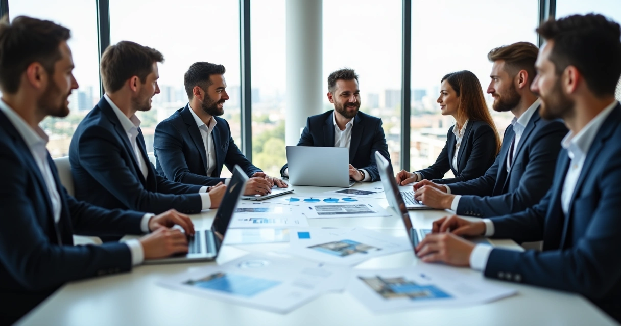 Equipe imobiliária reunida em mesa analisando distribuição de leads 