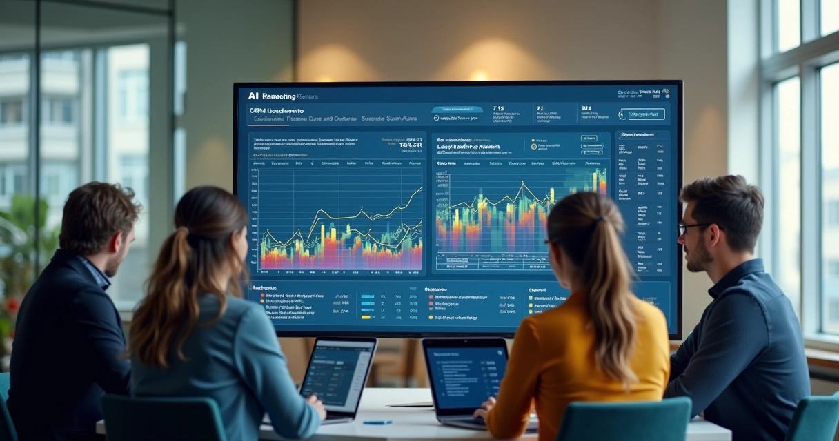 Equipe de vendas analisando dados com IA em escritório imobiliário