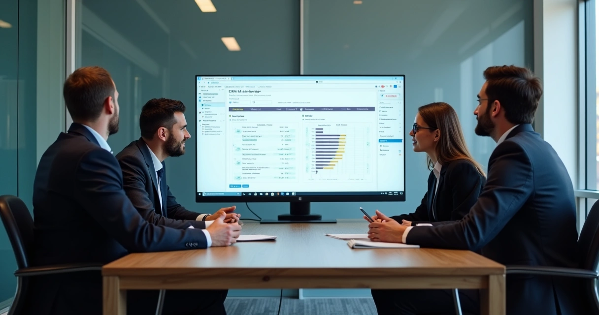 Equipe reunida em torno de computador implantando CRM