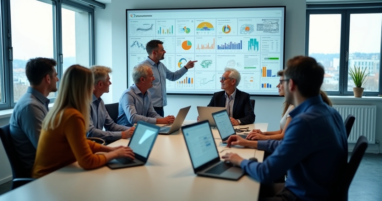 Equipe de diferentes idades com computadores implantando dashboard financeiro em escritório colaborativo 