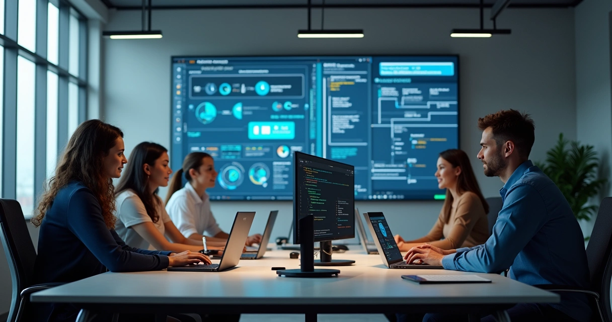 Equipe reunida em torno de computadores durante implementação de sistema 