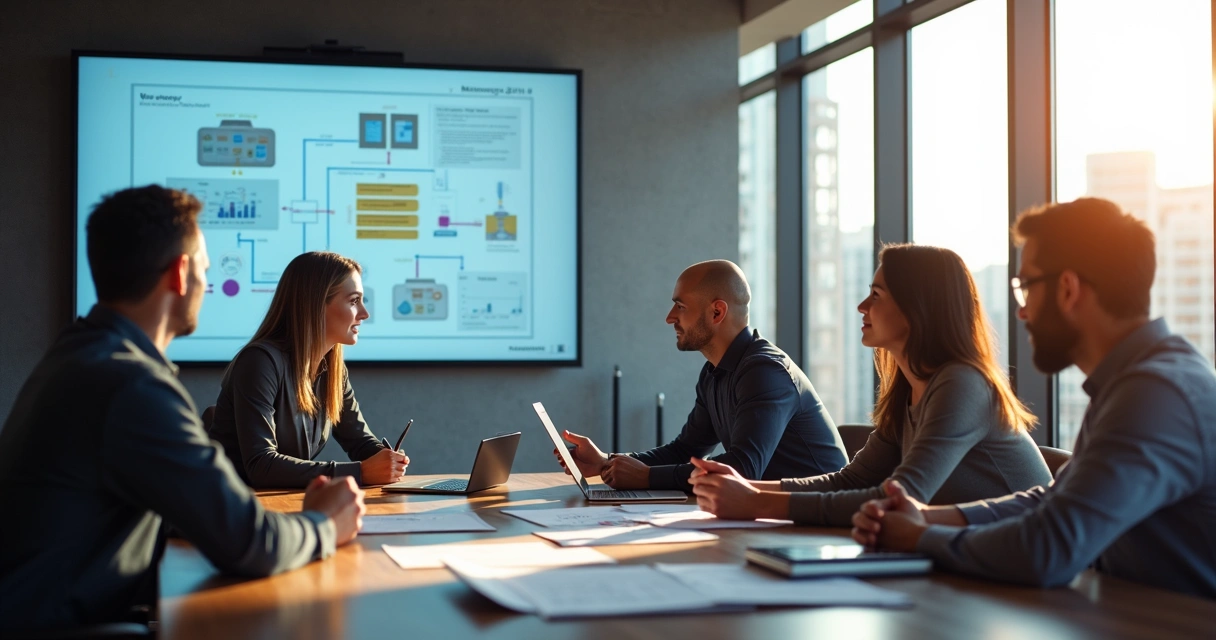 Equipe de construtora reunida para implementar sistema digital de garantias 