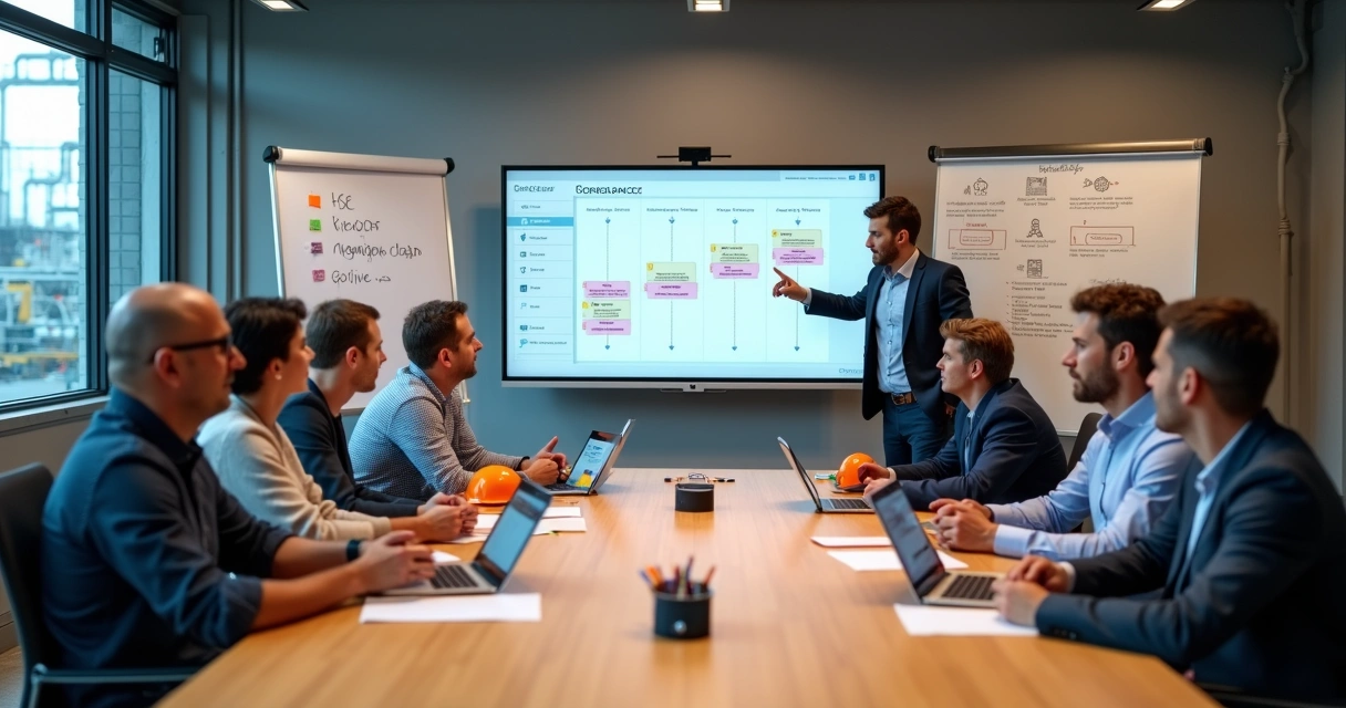 Equipe de manutenção em workshop de implementação usando software em sala de reunião industrial 