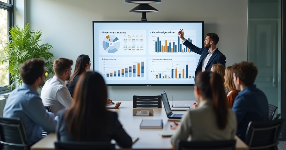 Equipe em reunião analisando painel de dados fiscais em tela grande.
