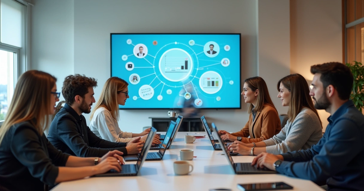 Equipe colaborando em ambiente moderno, monitorando processos digitais 