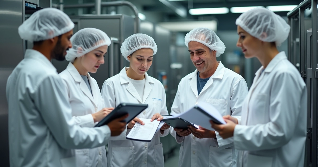 Equipe de indústria alimentícia conferindo registros no chão de fábrica 