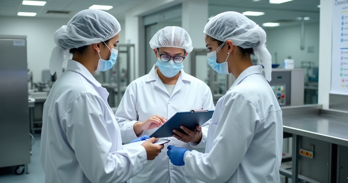 Equipe de fábrica de alimentos avaliando checklist de higiene