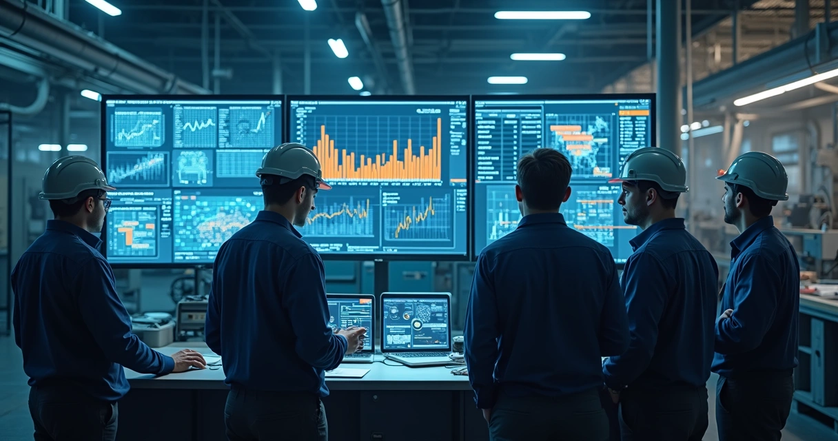 Equipe de indústria analisando dados em telas 