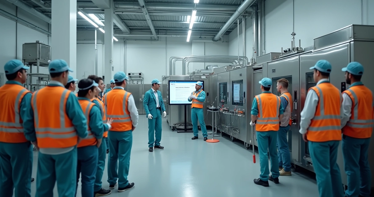 Equipe de fábrica em treinamento de limpeza 