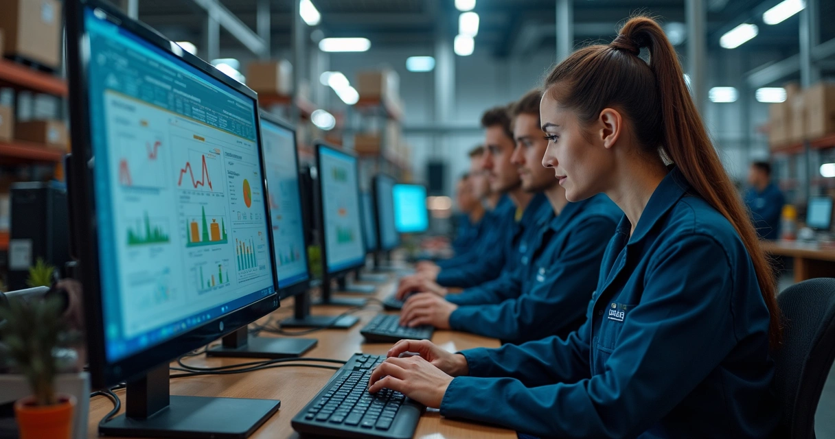 Equipe industrial reunida analisando gráficos e máquinas no fundo da fábrica 