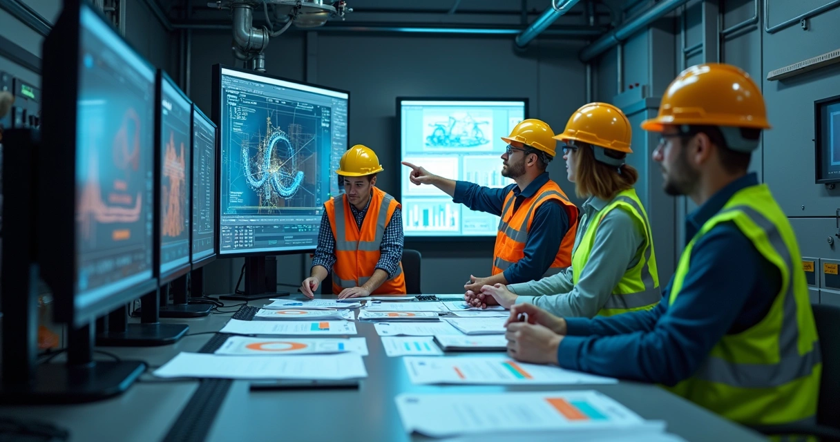 Equipe industrial examinando juntas documentos e gráficos técnicos em sala de controle