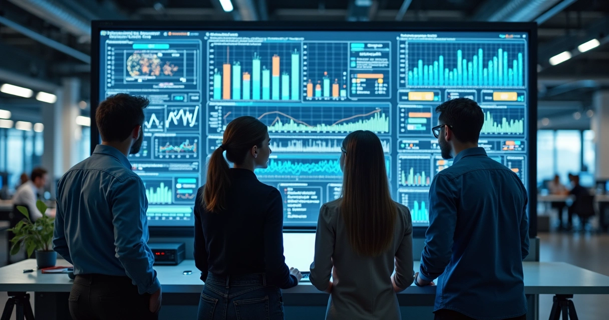 Equipe industrial colaborando em frente a telas com gráficos e dados digitais 