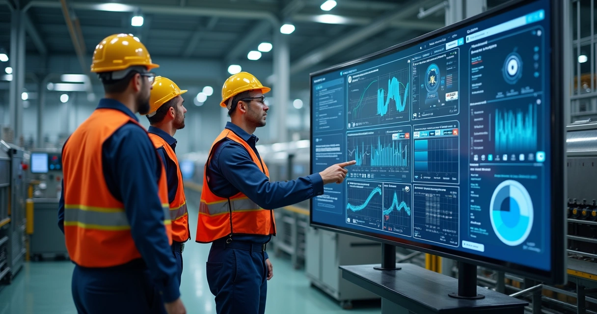 Equipe industrial observando dashboard digital na fábrica 