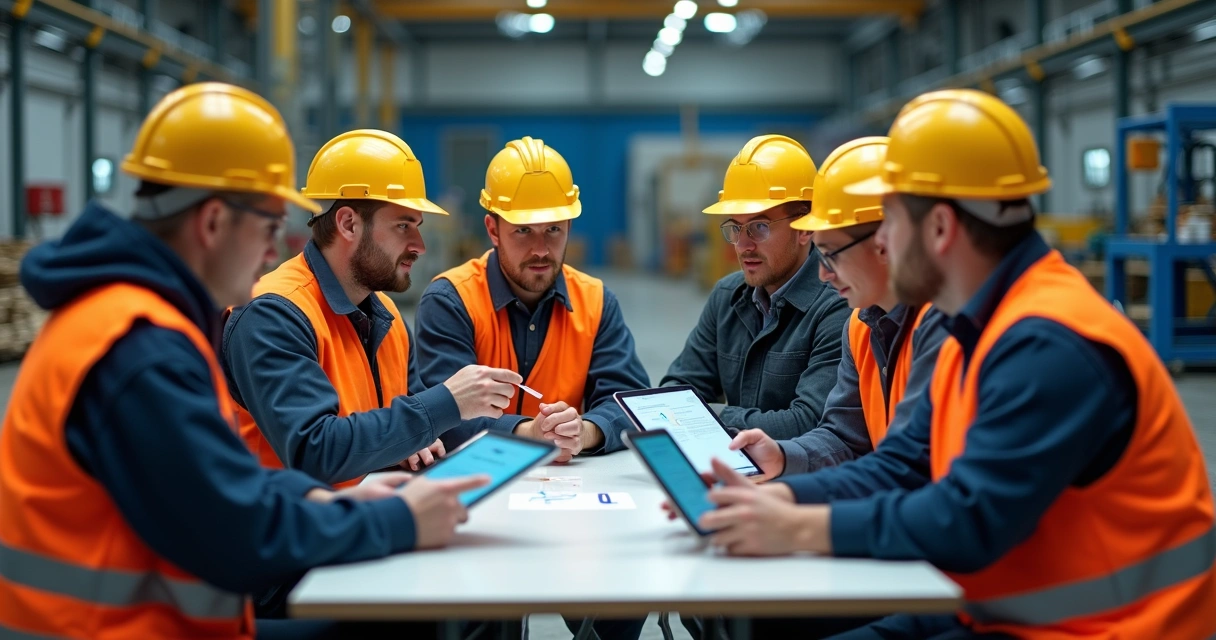 Equipe industrial reunida discutindo segurança do trabalho com tablets e EPI 