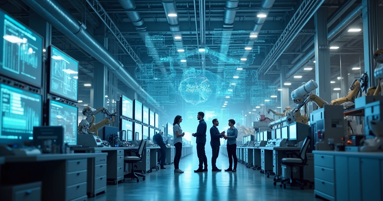 Equipe industrial trabalhando em conjunto em ambiente de alta tecnologia 