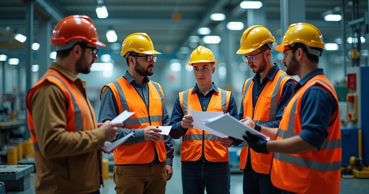 Equipe industrial analisando checklists de segurança