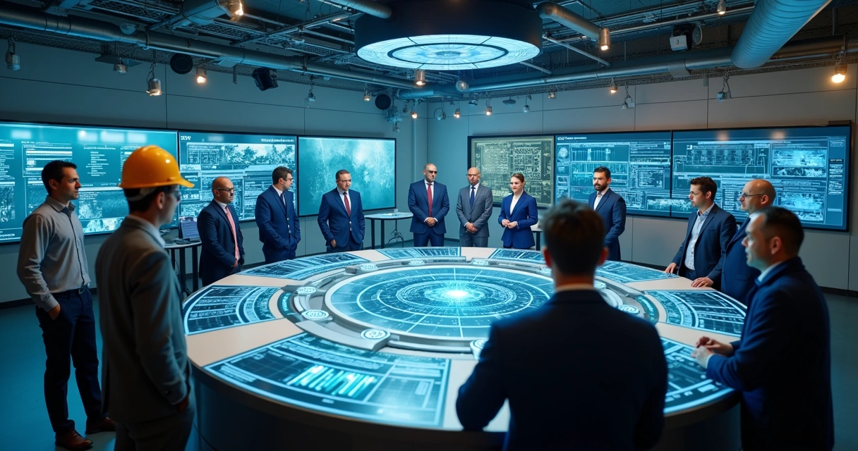 Equipe industrial discutindo integração de dados em sala de controle 