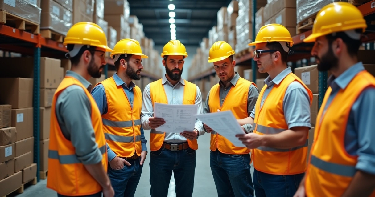 Equipe industrial reunida para inventário de estoque 