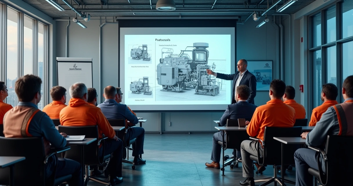 Equipe industrial em treinamento NR-12 com instrutor