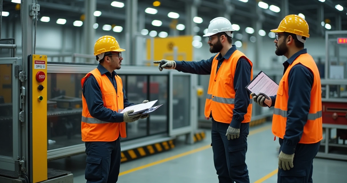 Trabalhadores de fábrica interrompendo máquina ao notar situação de risco 