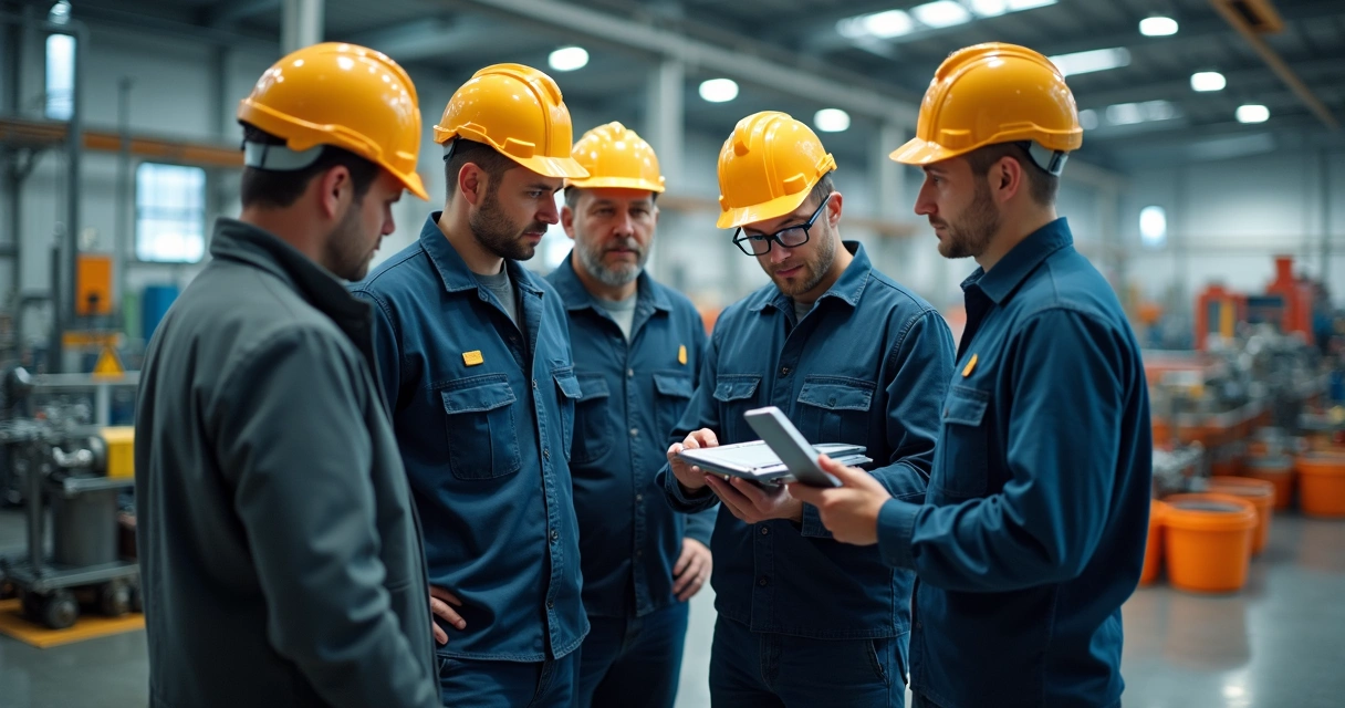 Equipe industrial reunida para treinamento com supervisor 