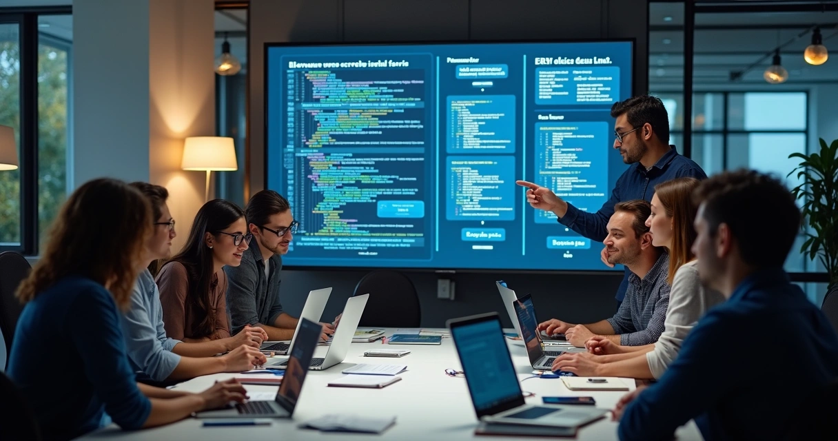 Equipe de desenvolvimento analisando scripts de infraestrutura na tela em ambiente colaborativo 