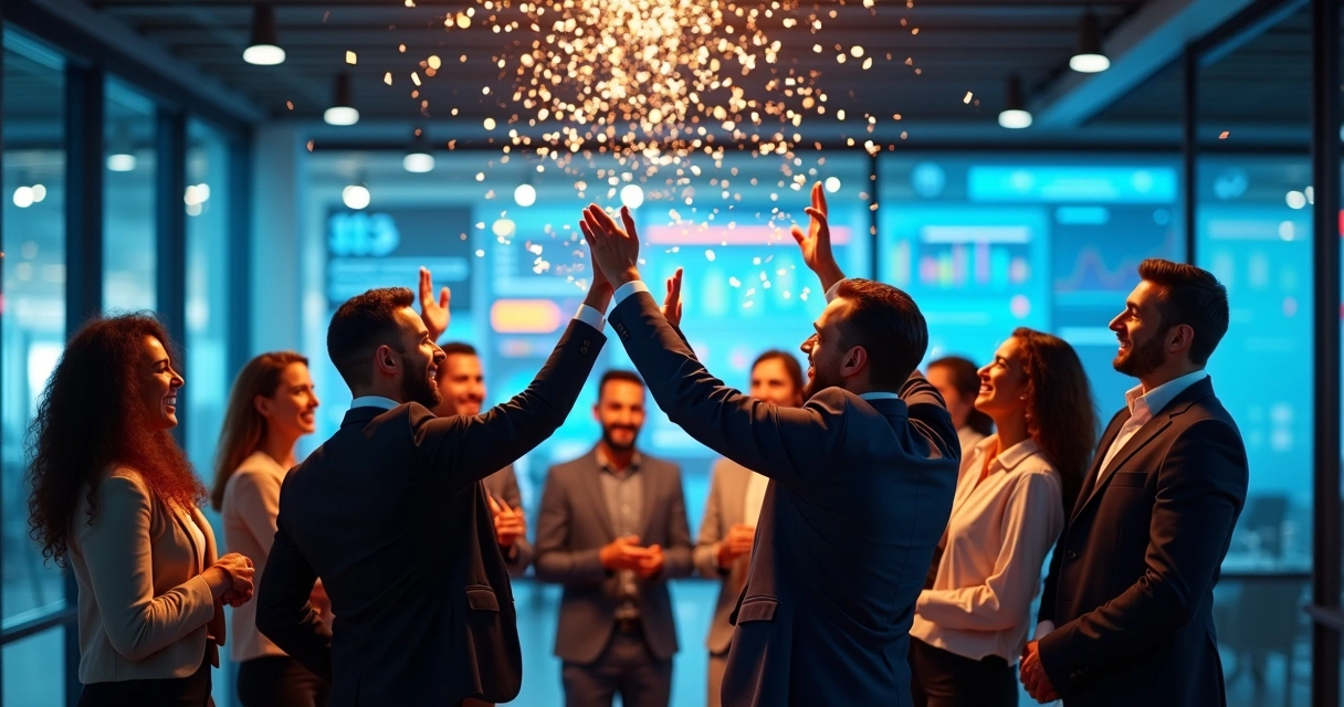 Equipe empresarial celebrando inovação em automação 