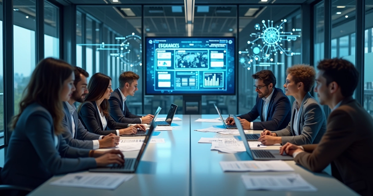 Time reunido para revisar documentação de inovação, com computadores, gráficos e relatórios técnicos na mesa