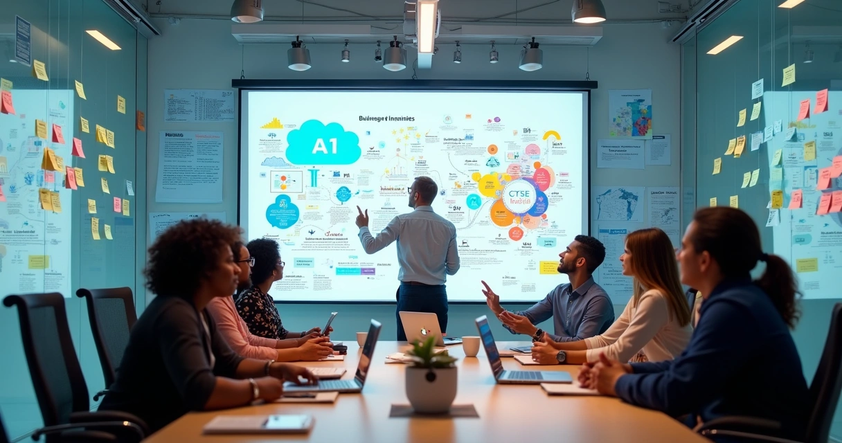Equipe planejando inovação empresarial com IA 