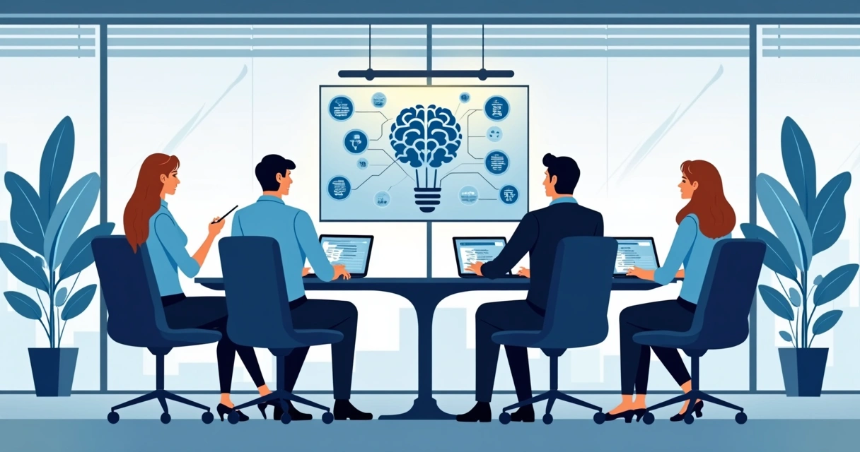 Equipe de inovação discutindo IA em ambiente corporativo 