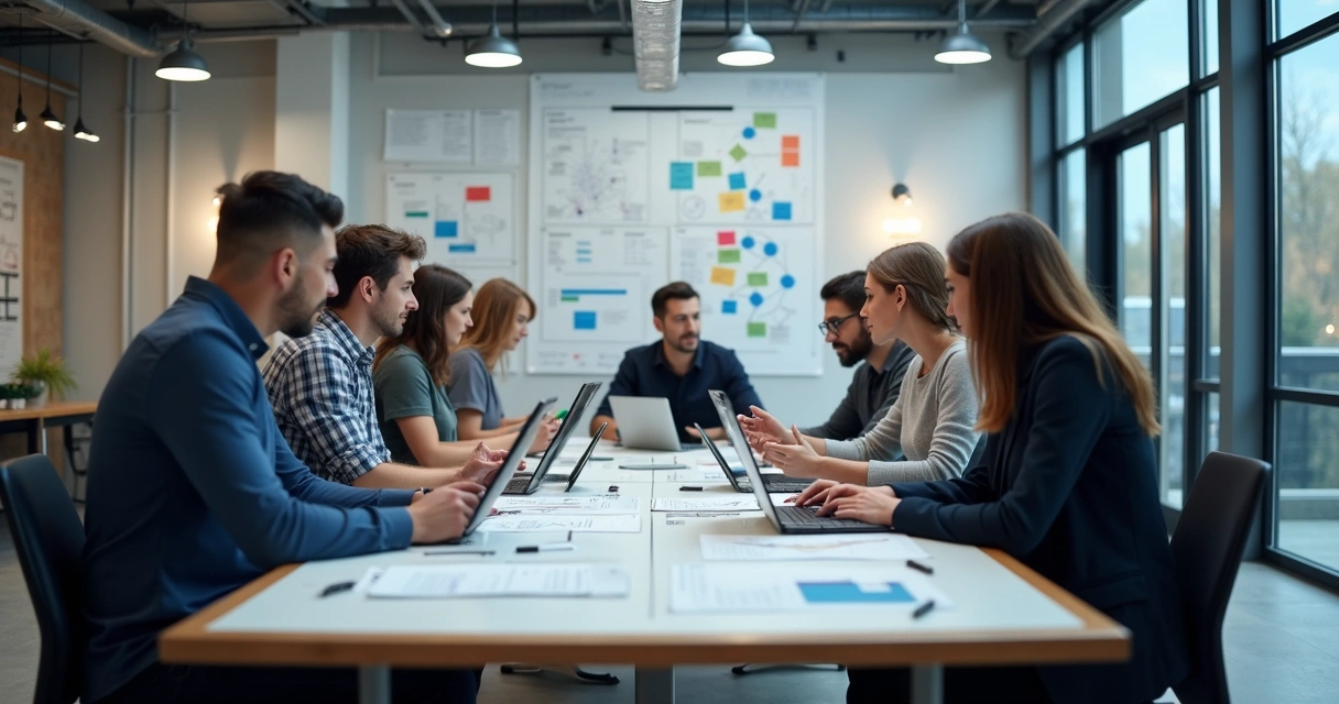 Equipe diversa discutindo inovação em sala de reunião industrial 