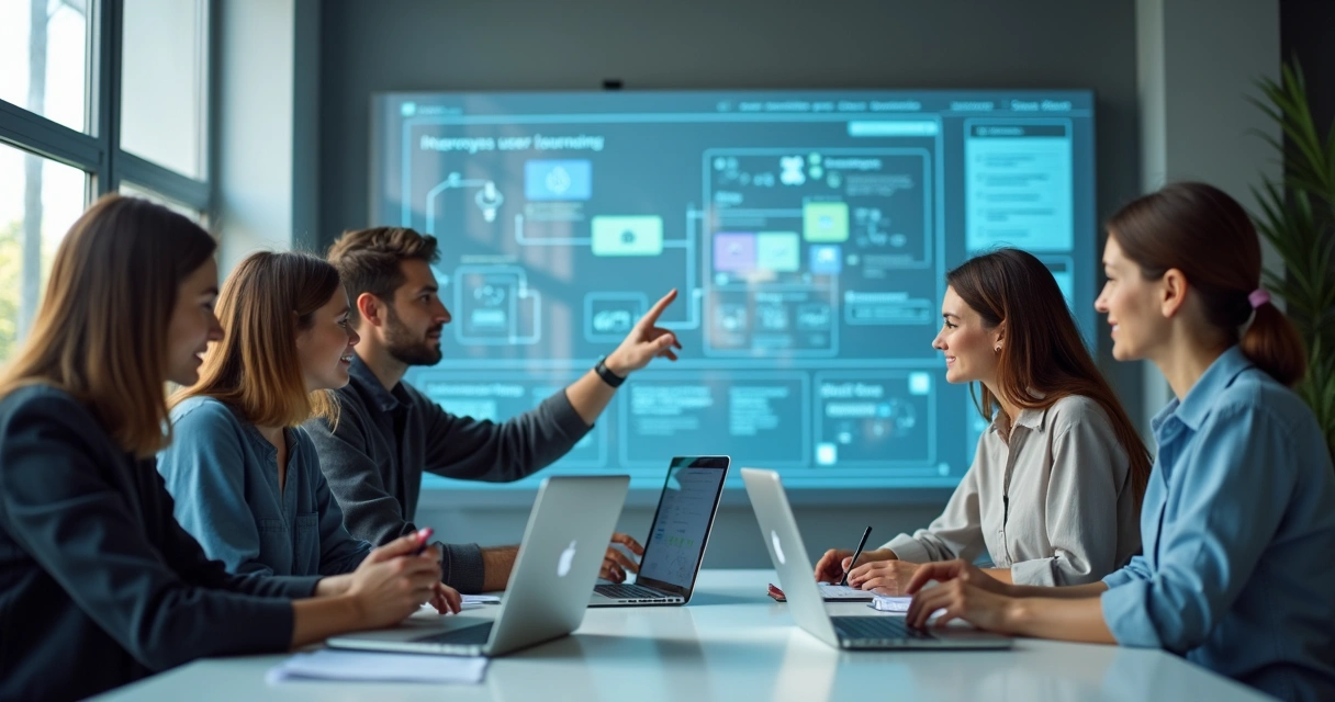 Equipe reunida em laboratório de tecnologia com telas e protótipos